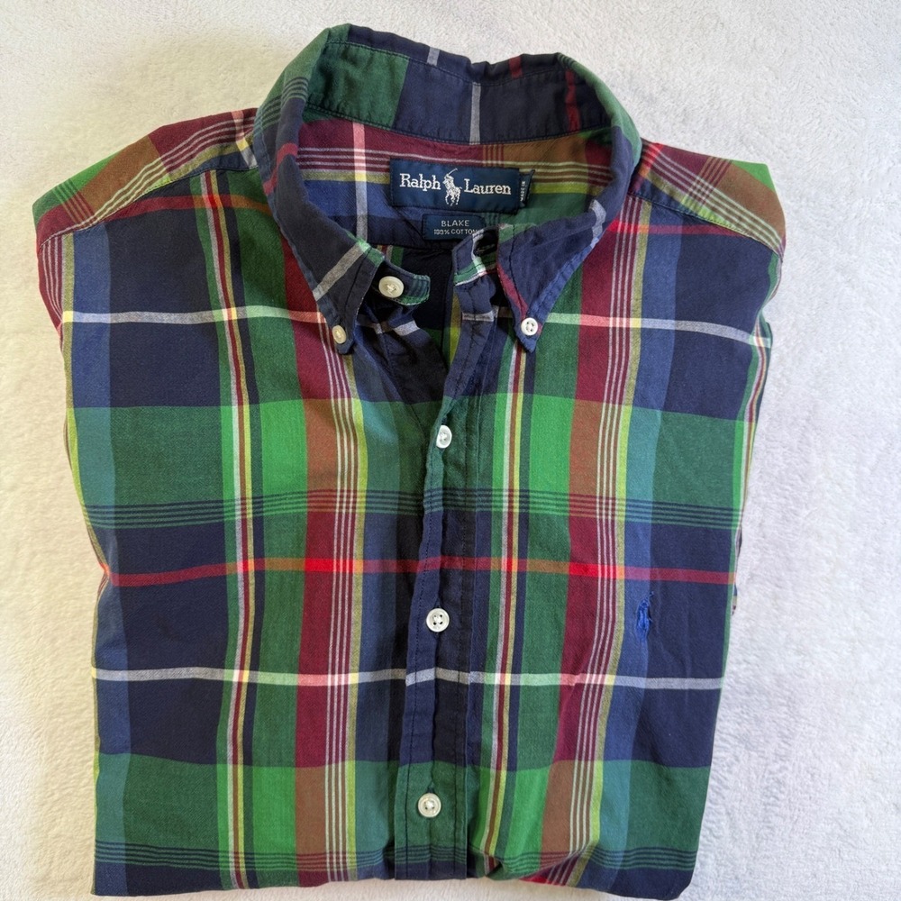 Ralph Lauren Blake Shirt Mens L Green Navy Plaid Cotton Short Sleeve Button Up